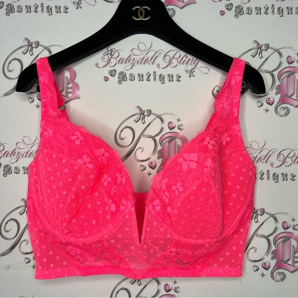 Victoria secret crop tank bra bralette lace neon pink v opening front dotted
